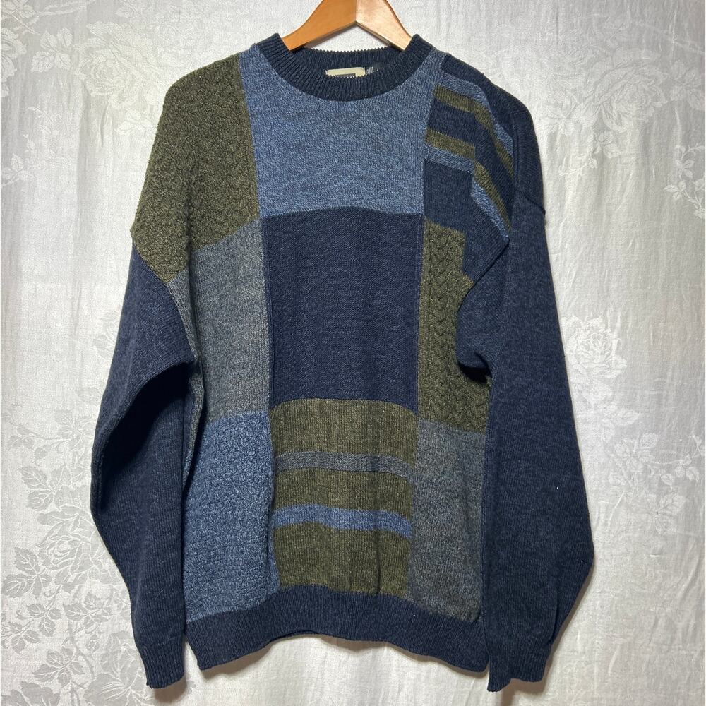 VTG Haggar Sweater XL Navy Blue Color Block Cable Knit Crew Neck USA Boxy